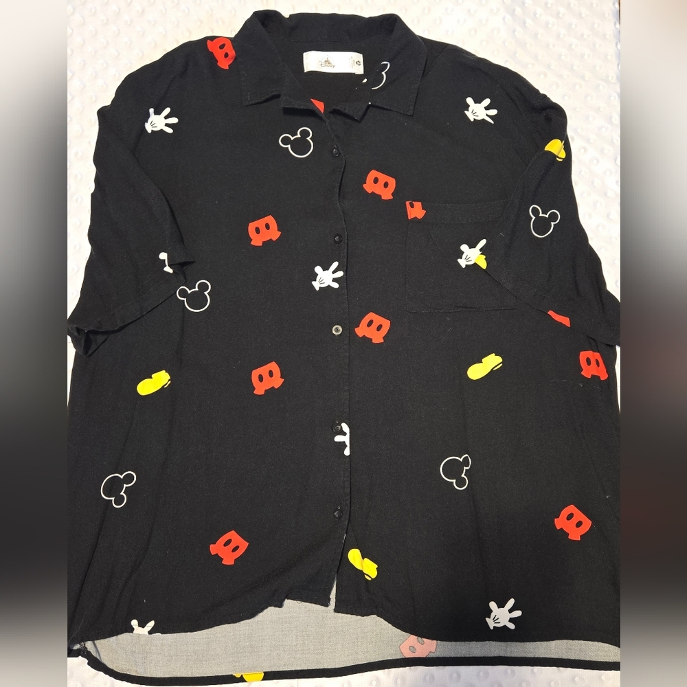 Disney Shirt Mens Large Black Mickey Mouse Button Up Viscose Allover Print